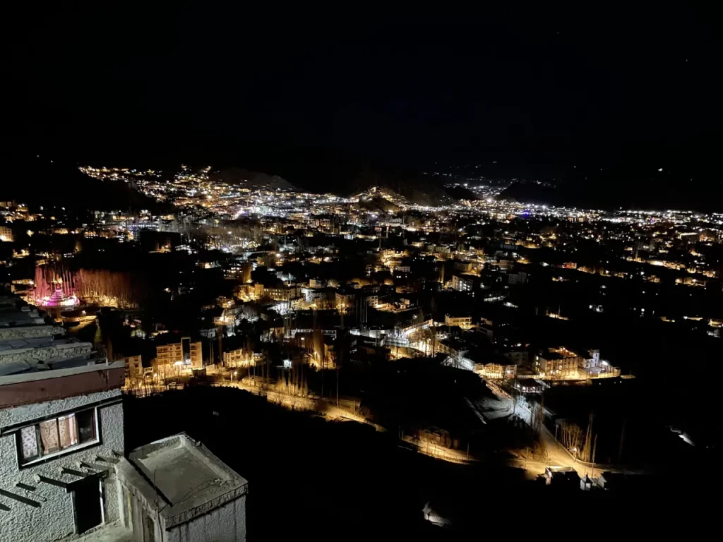 leh city night view from shanti stupa